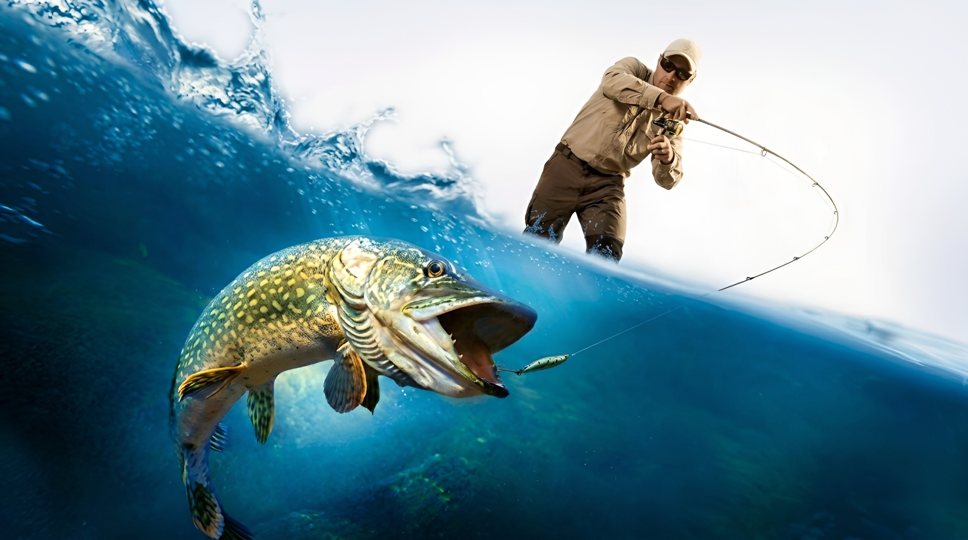 Anglers on a boat holding a large fish at sunset